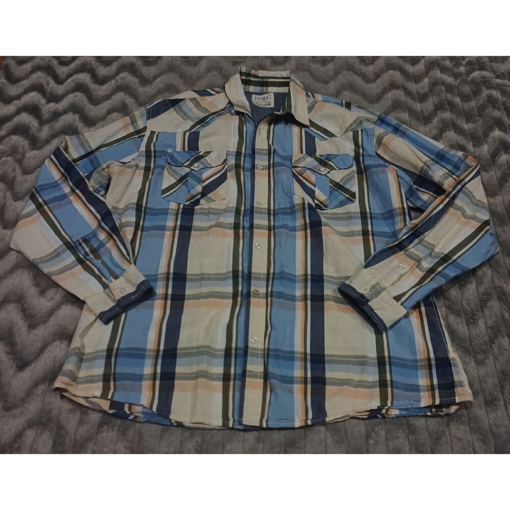 PD&C Mens Size XXL Beige Blue Plaid Western Long Sleeve Button Up Shirt